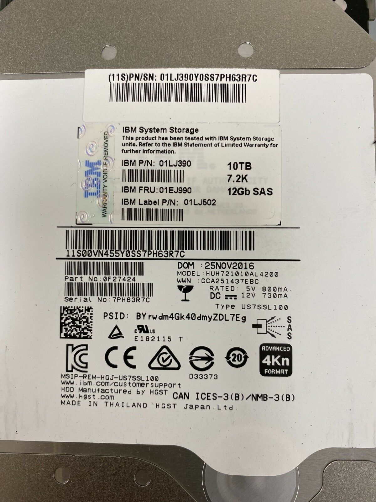 IBM V7000 10TB 12G SAS 3.5” HARD DRIVE 01EJ990 01LJ502 01LJ390 HUH721010AL4200