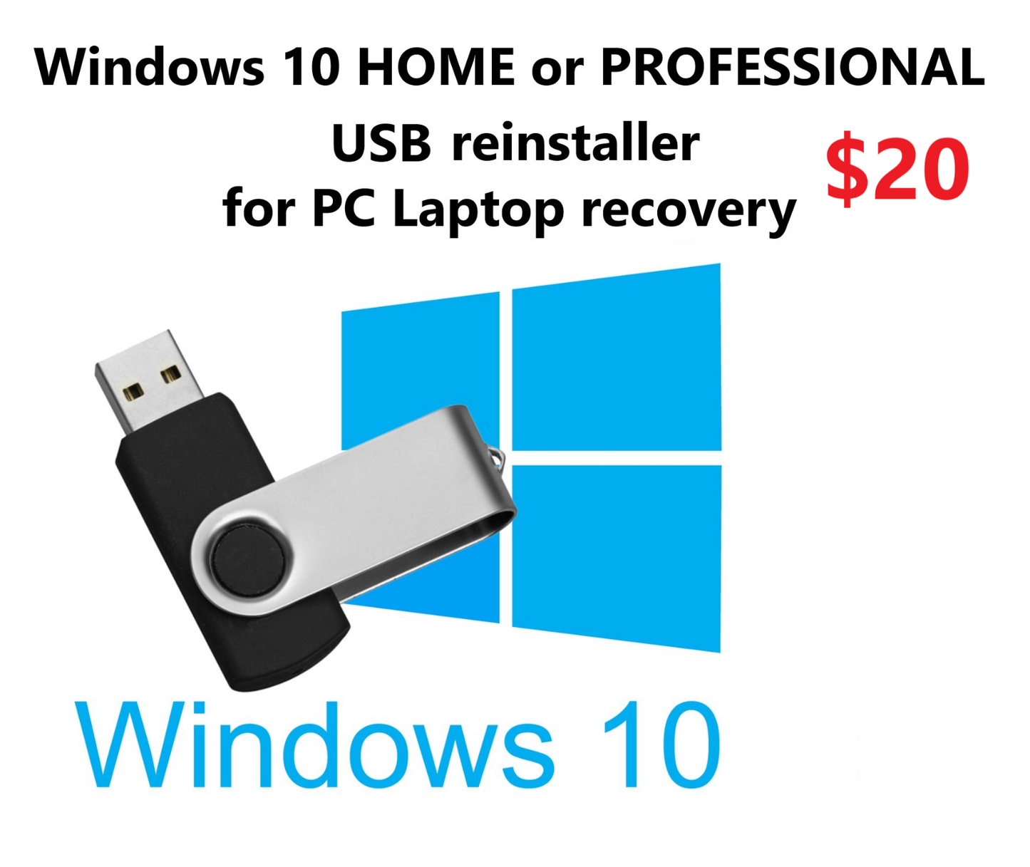 Microsoft windows 10 Home or Professional USB reinstaller For PC Laptop recovery