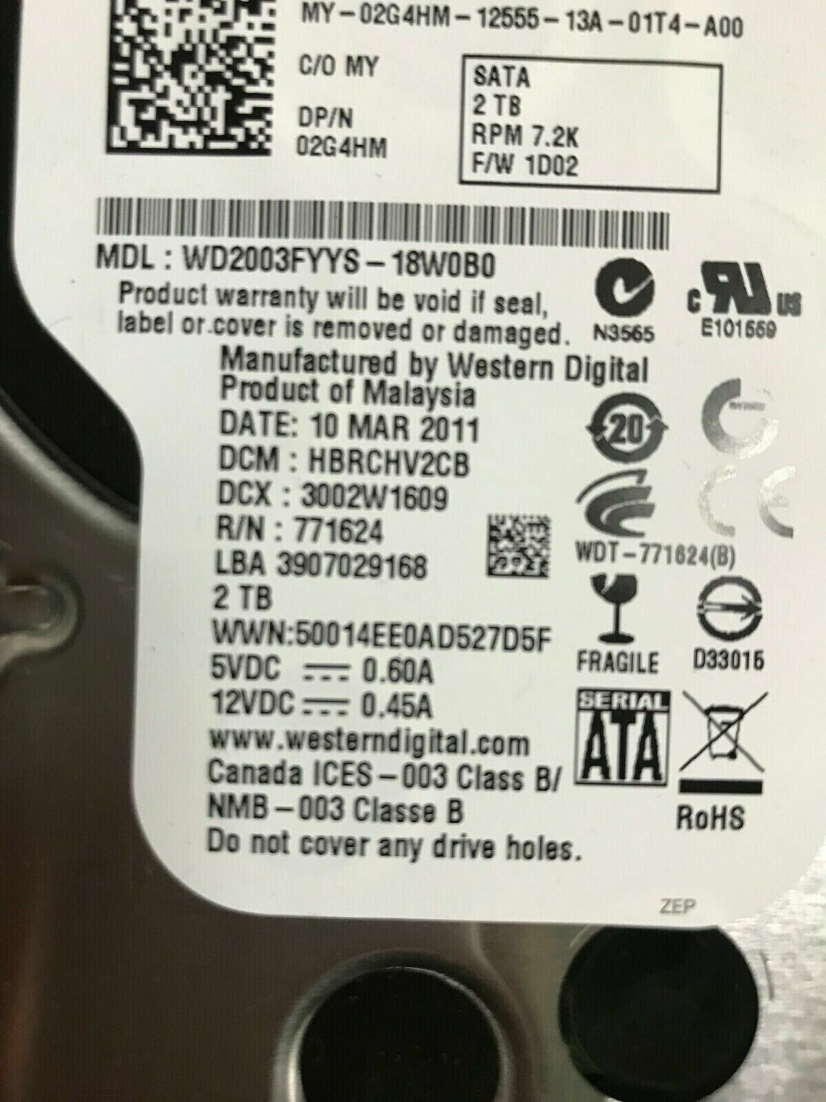 Dell 2TB SATA 7.2K 3.5" HDD 0835R9 0FFR79 02G4HM for Dell R710 R720 R730 Servers